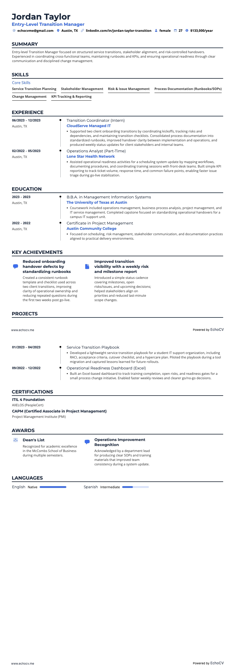 Entry-Level Transition Manager example resume