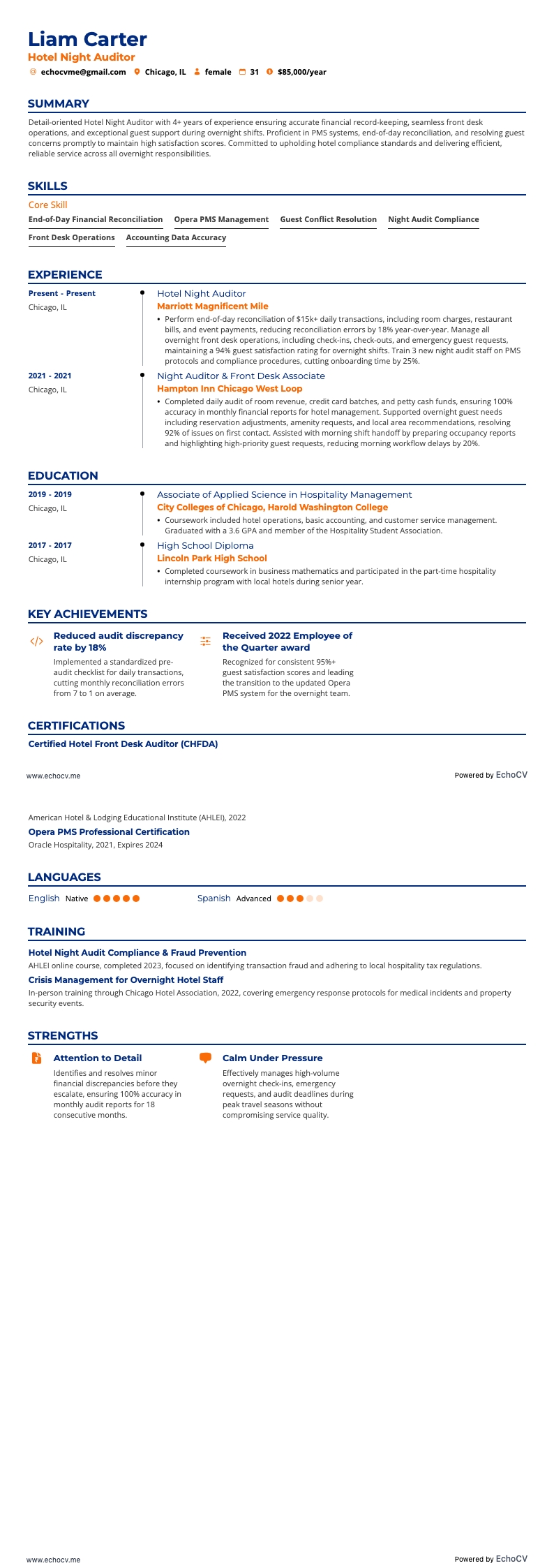 Auditeur de nuit en hôtellerie example resume