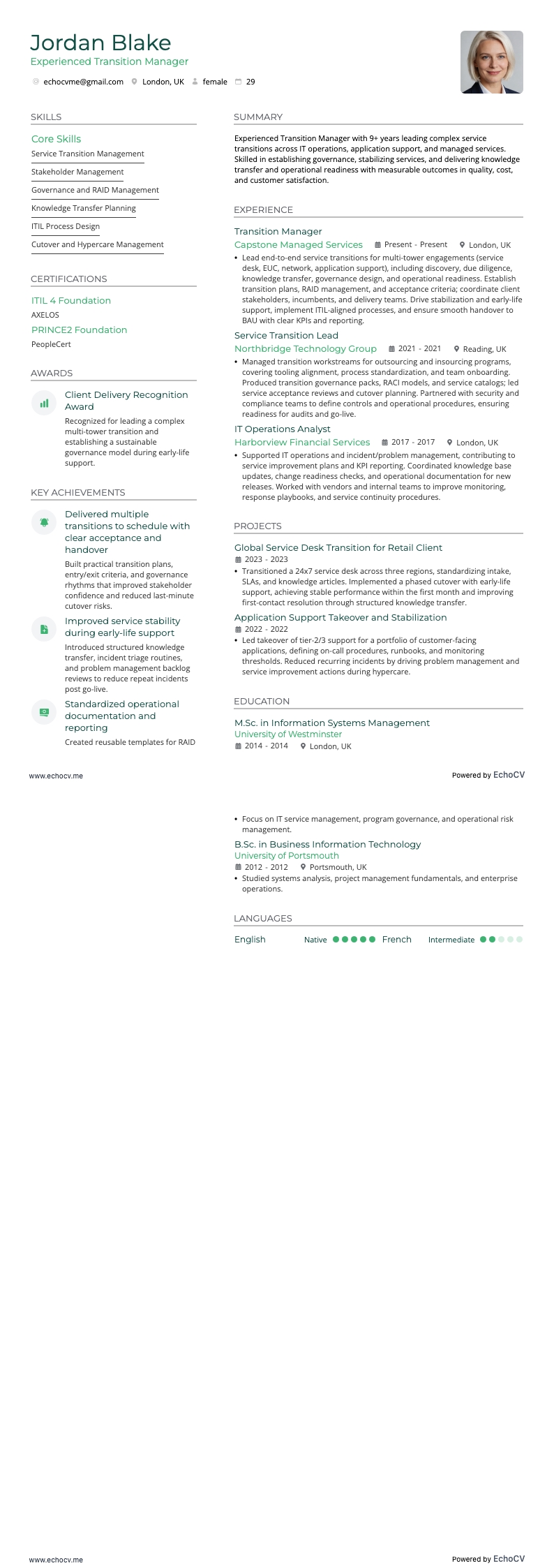 Experienced Transition Manager example resume