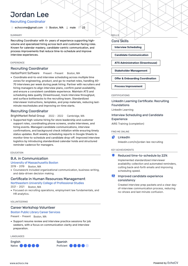 Recruiting Coordinator example resume