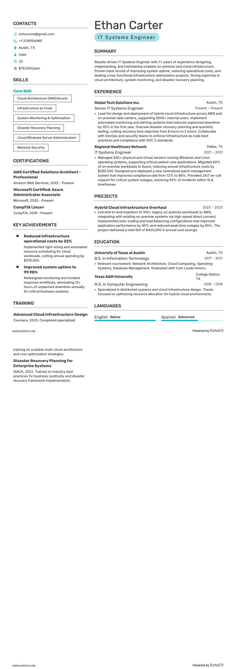IT Systems Engineer example resume