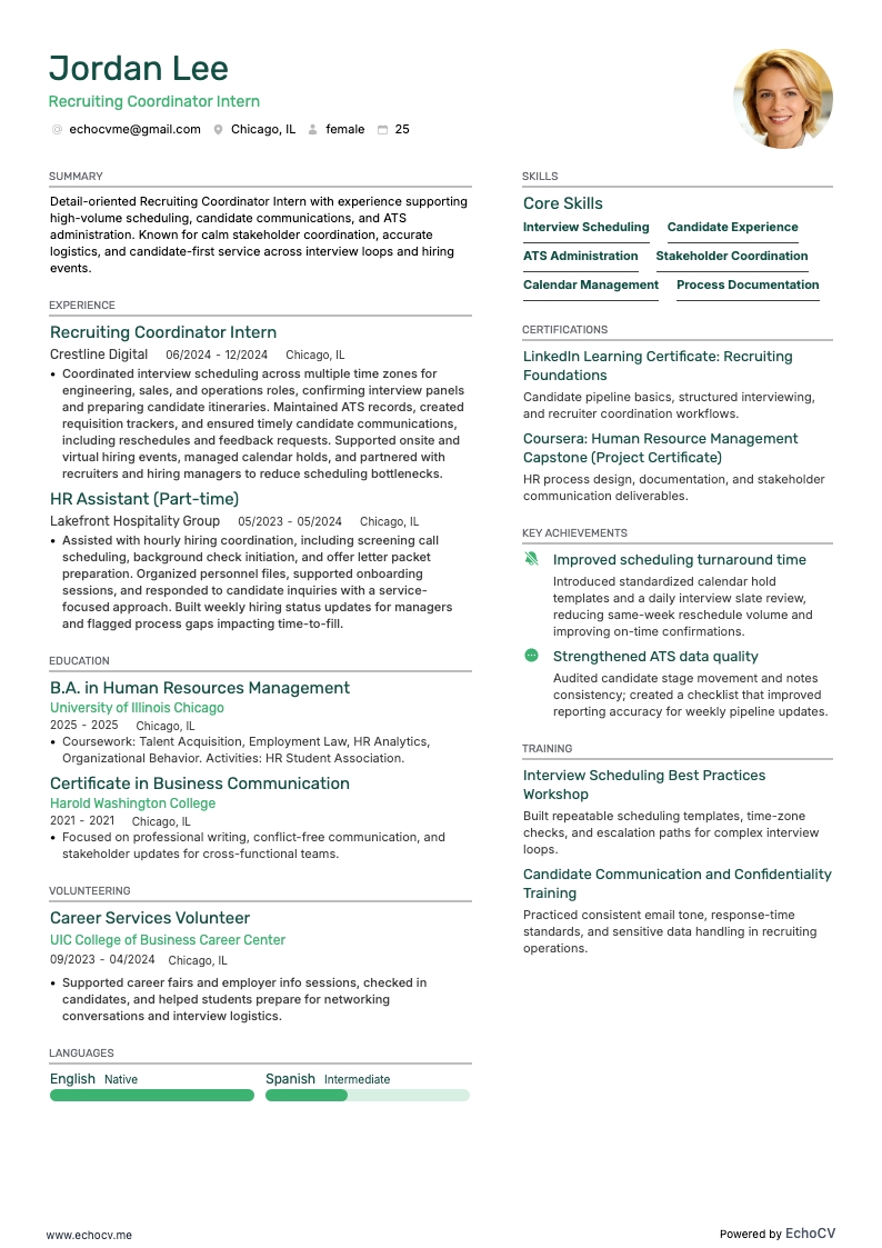 Recruiting Coordinator Intern example resume