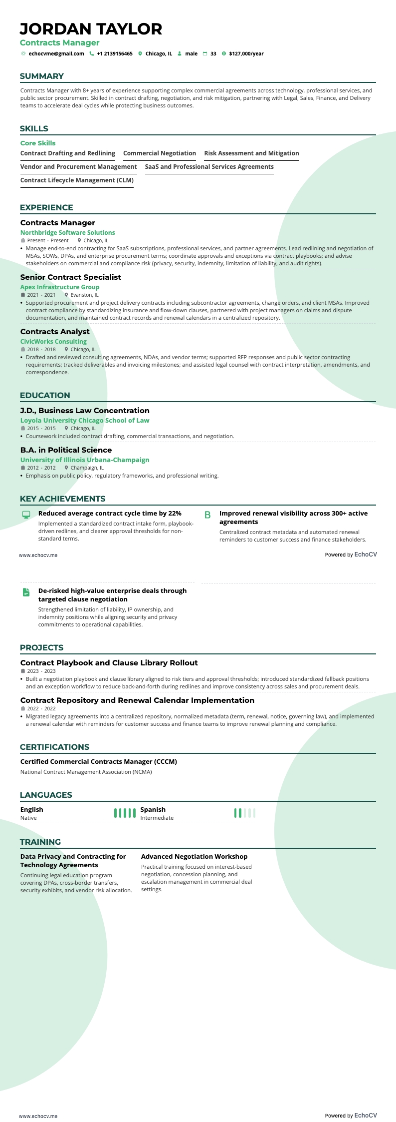 Contracts Manager example resume