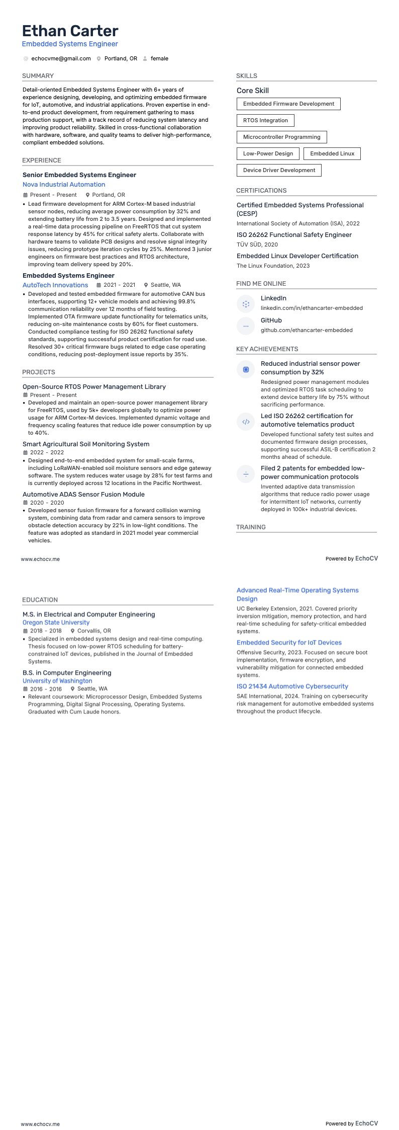 Embedded Systems Engineer example resume