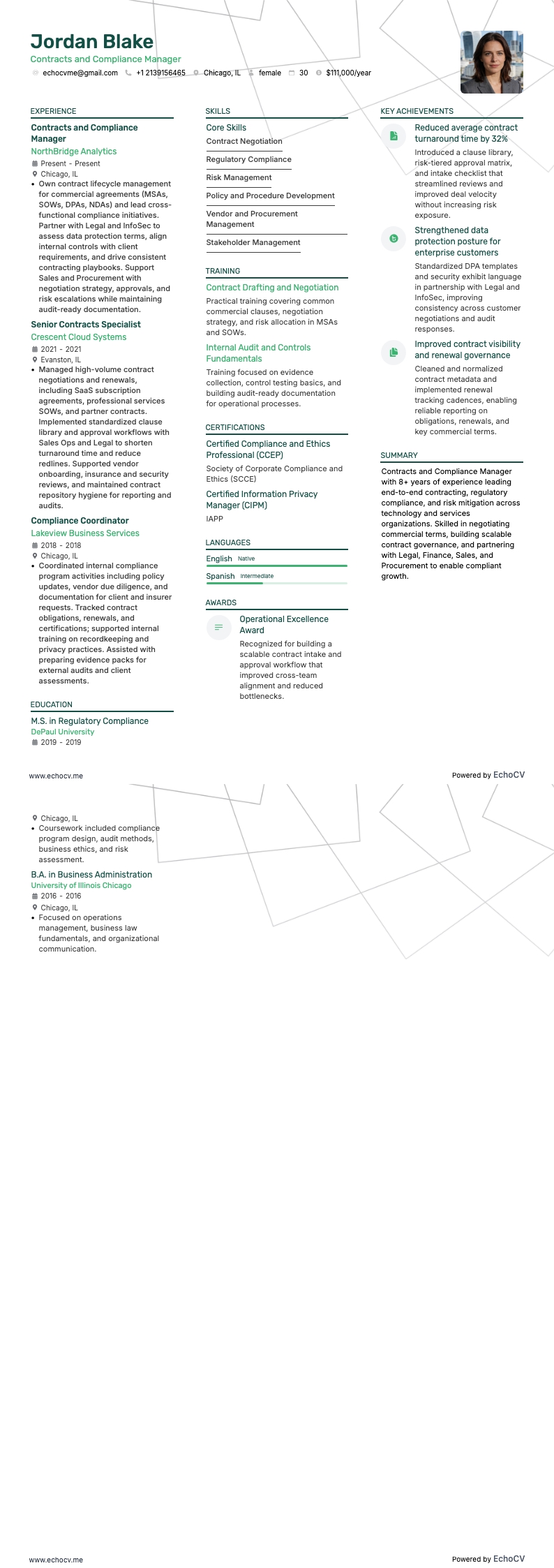 Contracts and Compliance Manager example resume