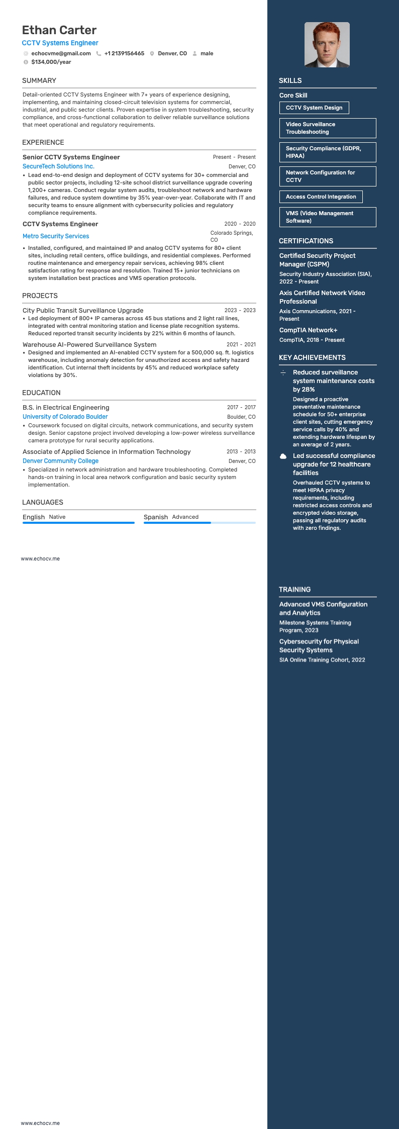 CCTV Systems Engineer example resume