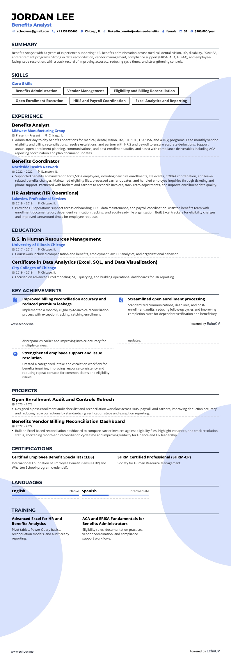 Benefits Analyst example resume