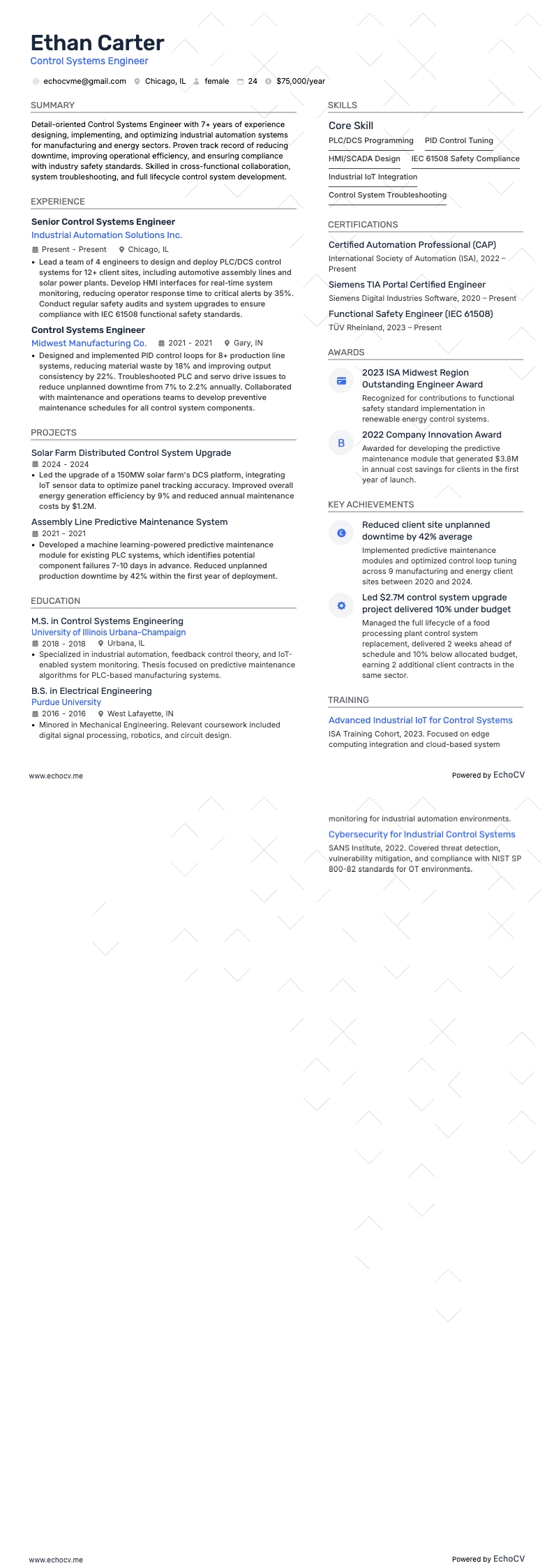 Control Systems Engineer example resume