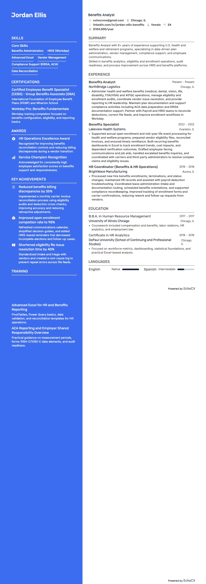 Benefits Analyst example resume