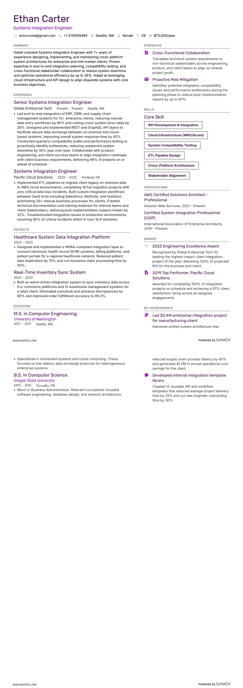 Systems Integration Engineer example resume