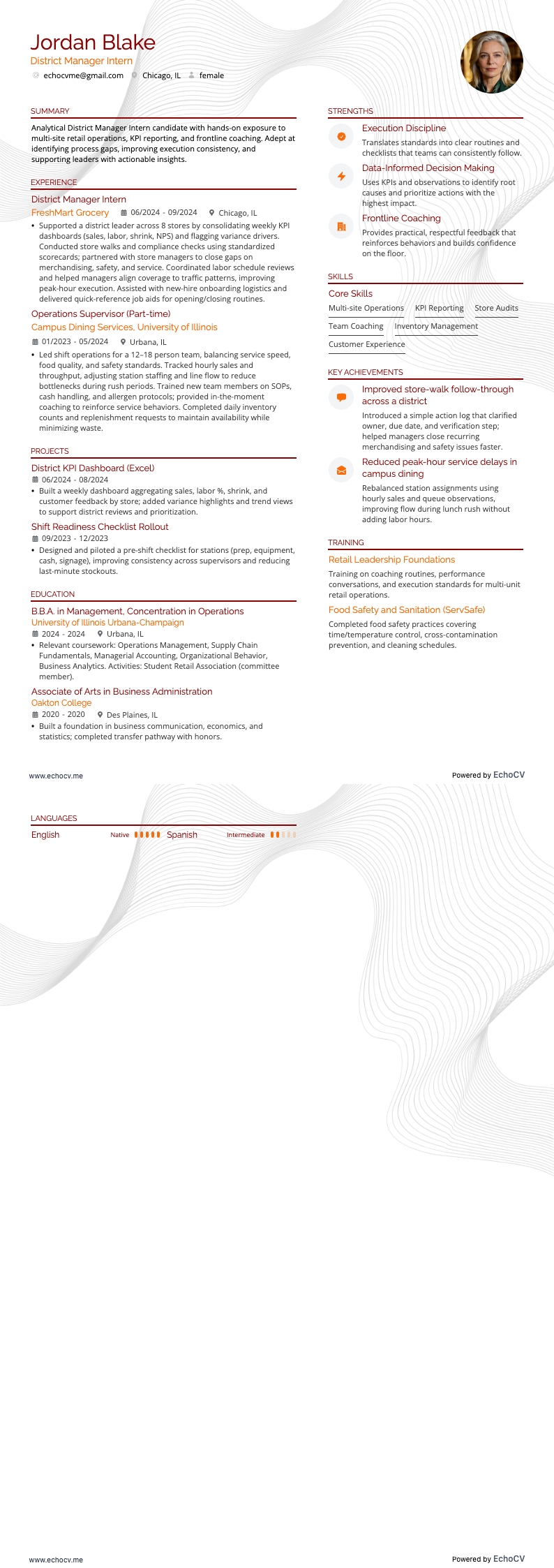 District Manager Intern example resume