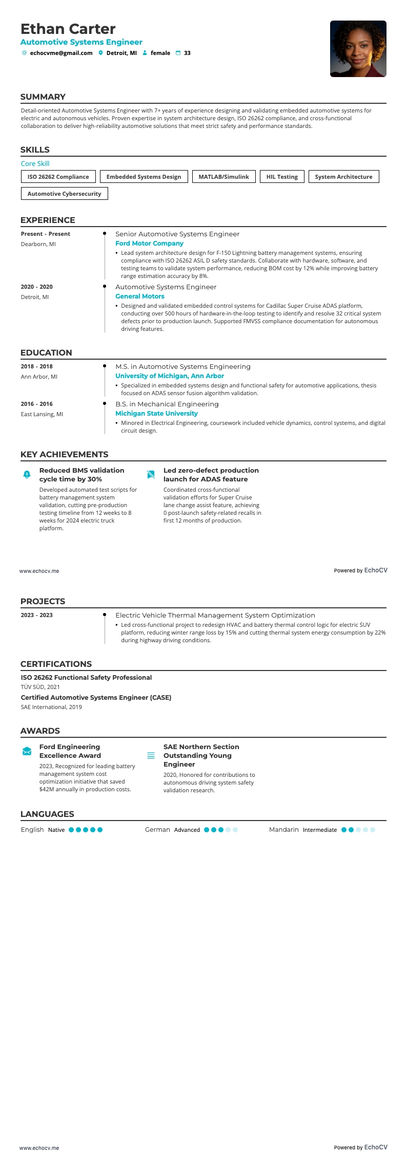 Automotive Systems Engineer example resume