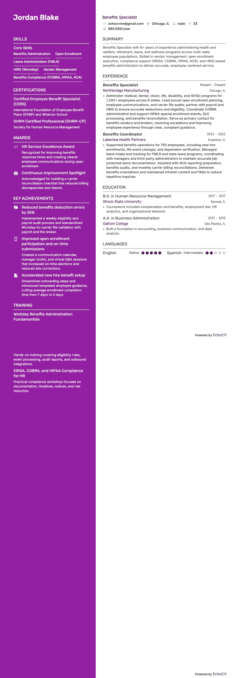 복리후생 전문가 example resume