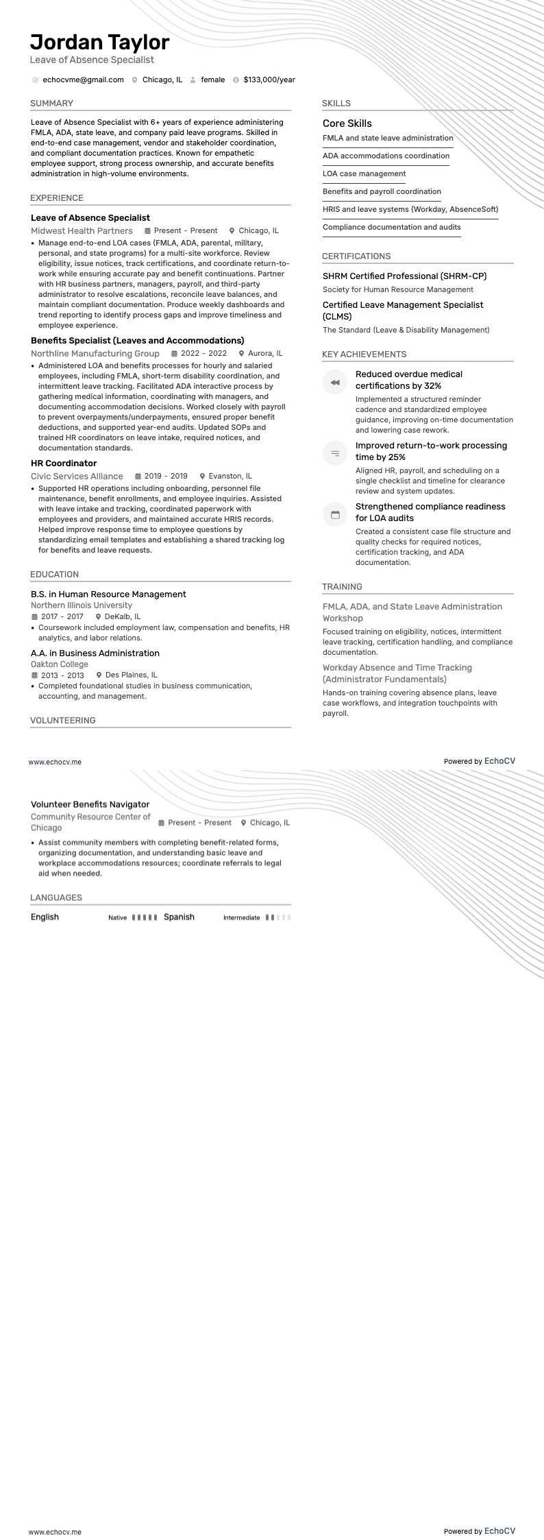 휴직 전문 담당자 resume example