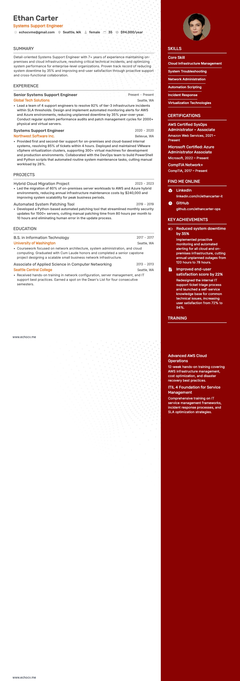 Systems Support Engineer example resume