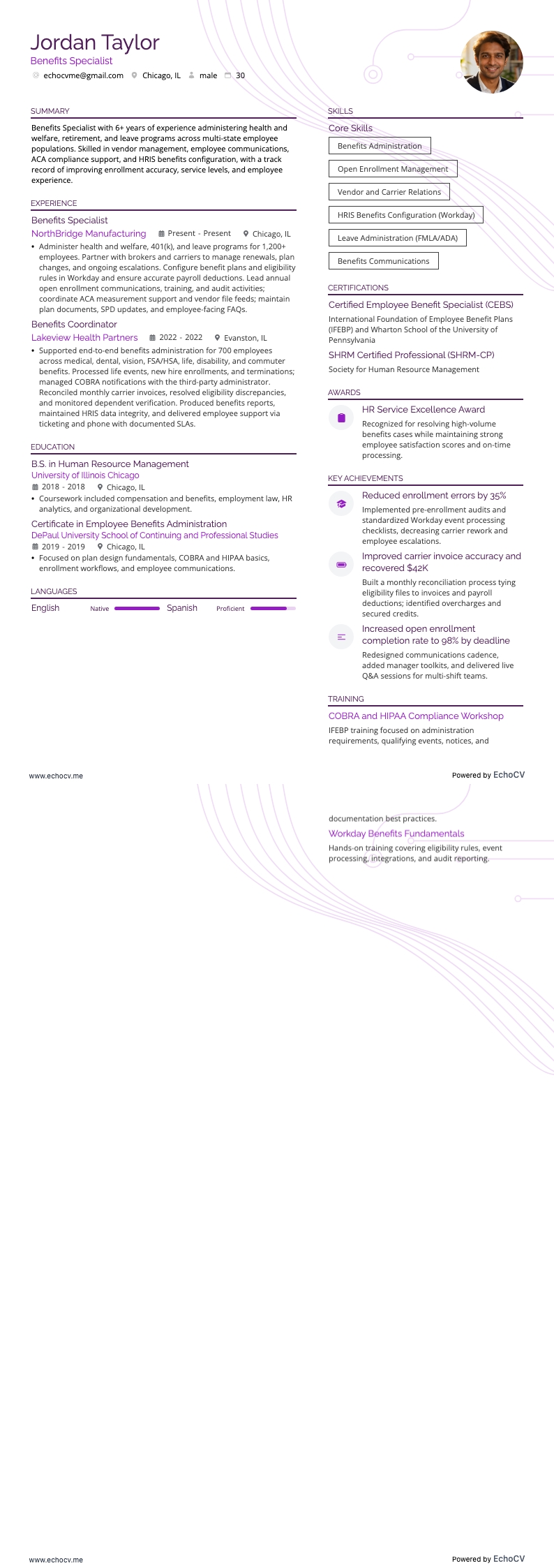 복리후생 전문가 example resume