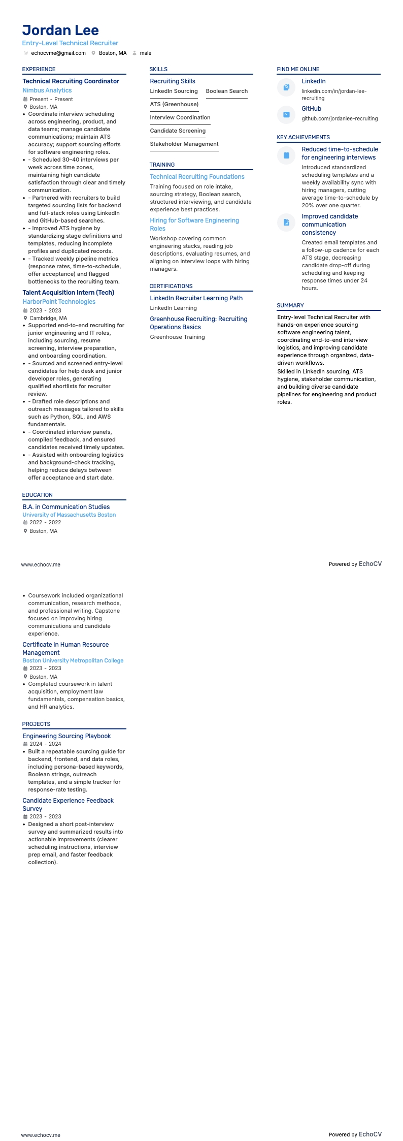 Entry-Level Technical Recruiter example resume