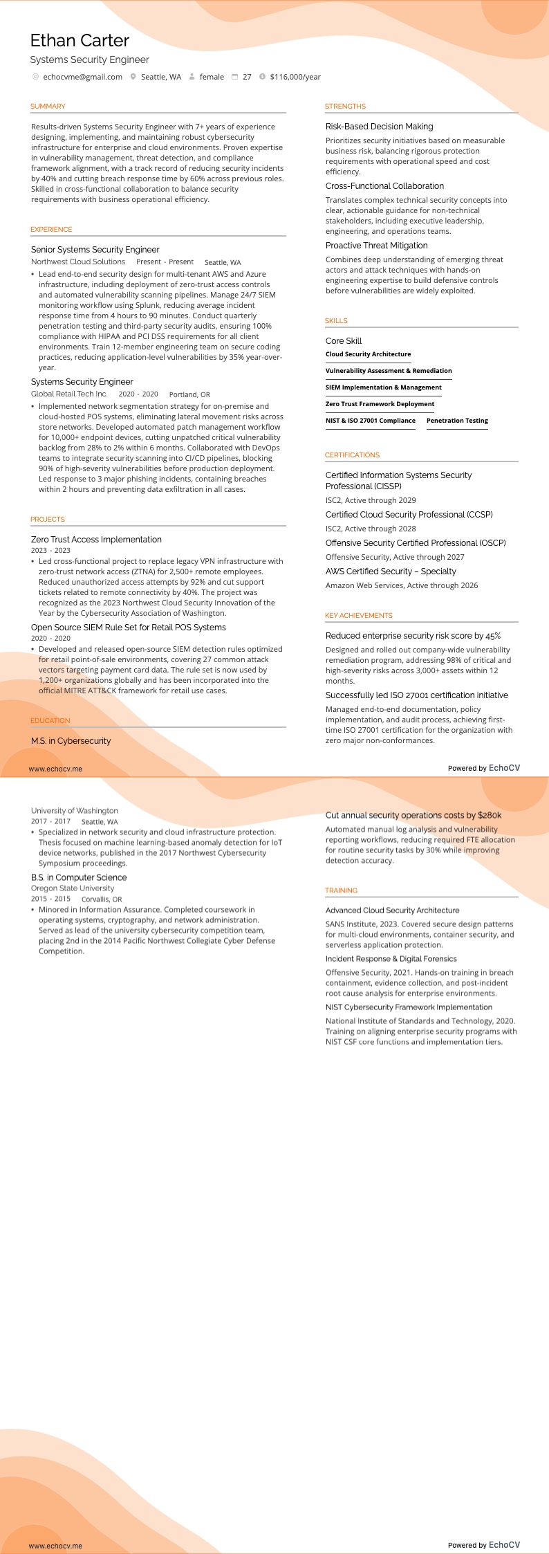 Systems Security Engineer example resume