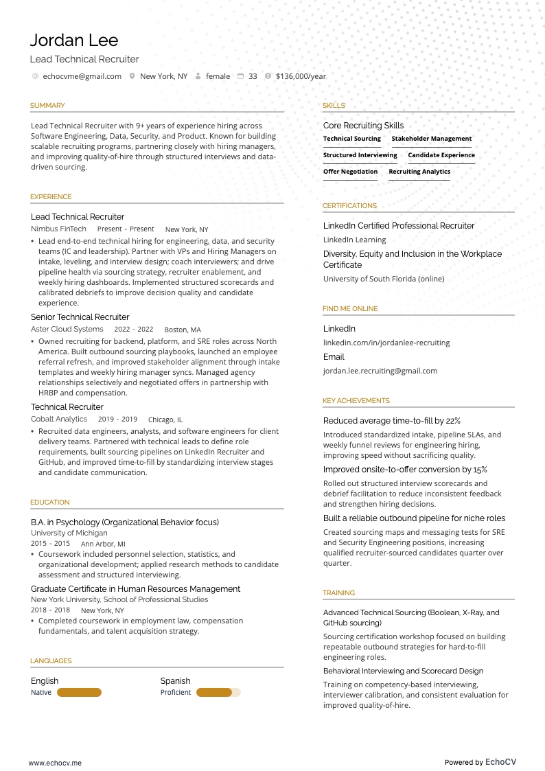 Lead Technical Recruiter example resume