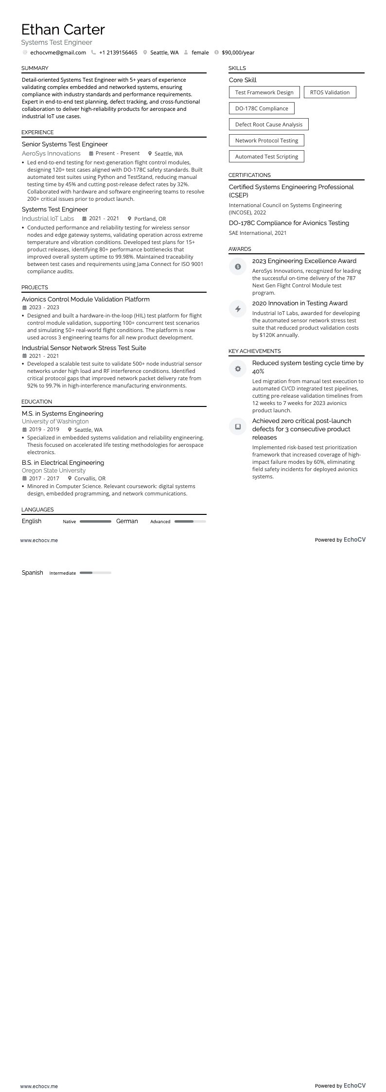系统工程师 resume example