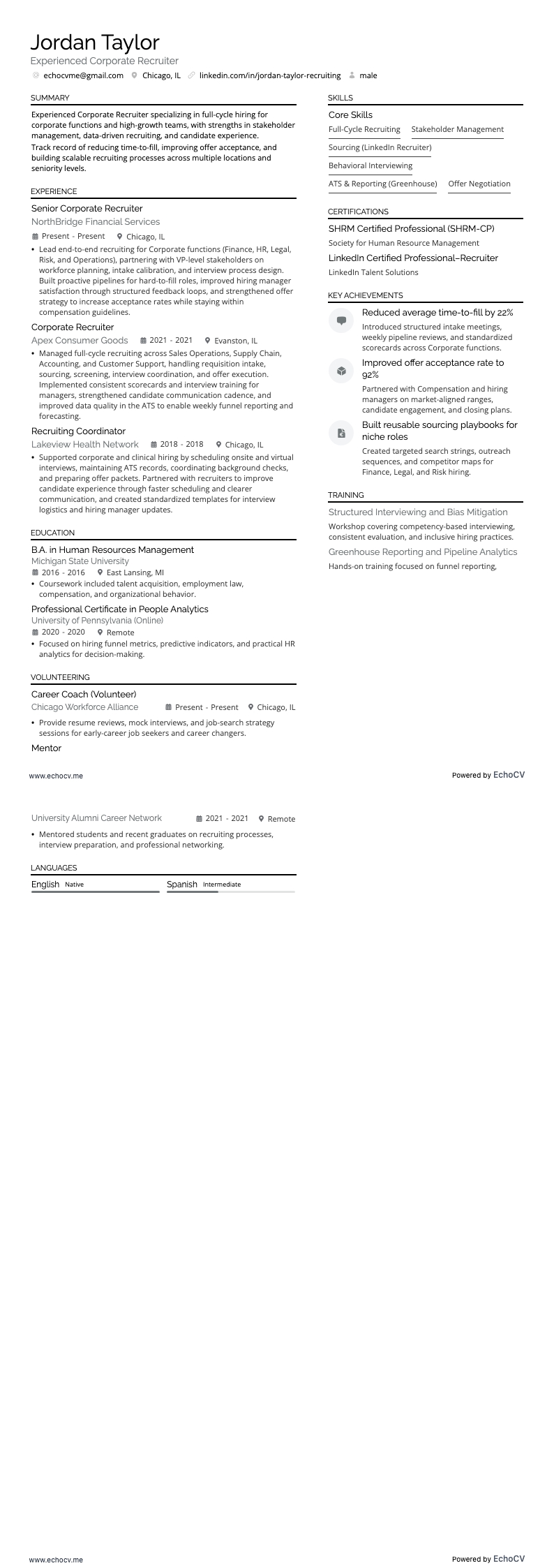 Experienced Corporate Recruiter example resume