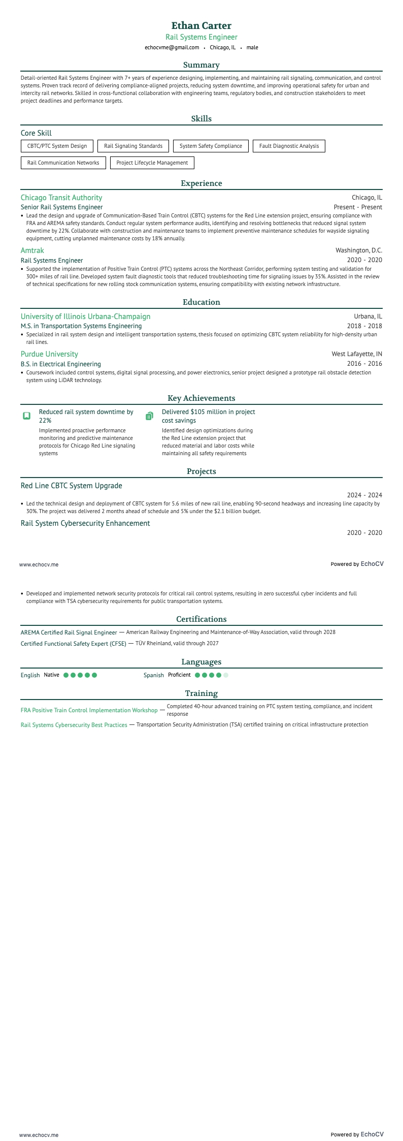 Rail Systems Engineer example resume