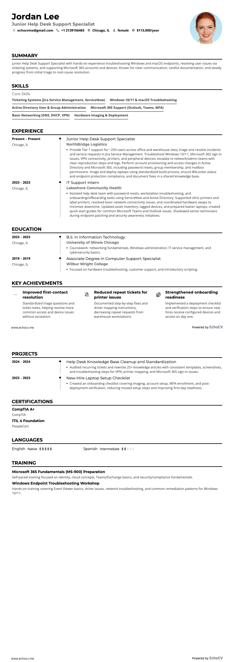 Especialista júnior de suporte de help desk example resume