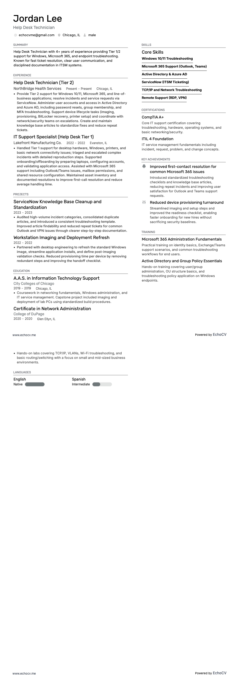 Técnico de help desk example resume