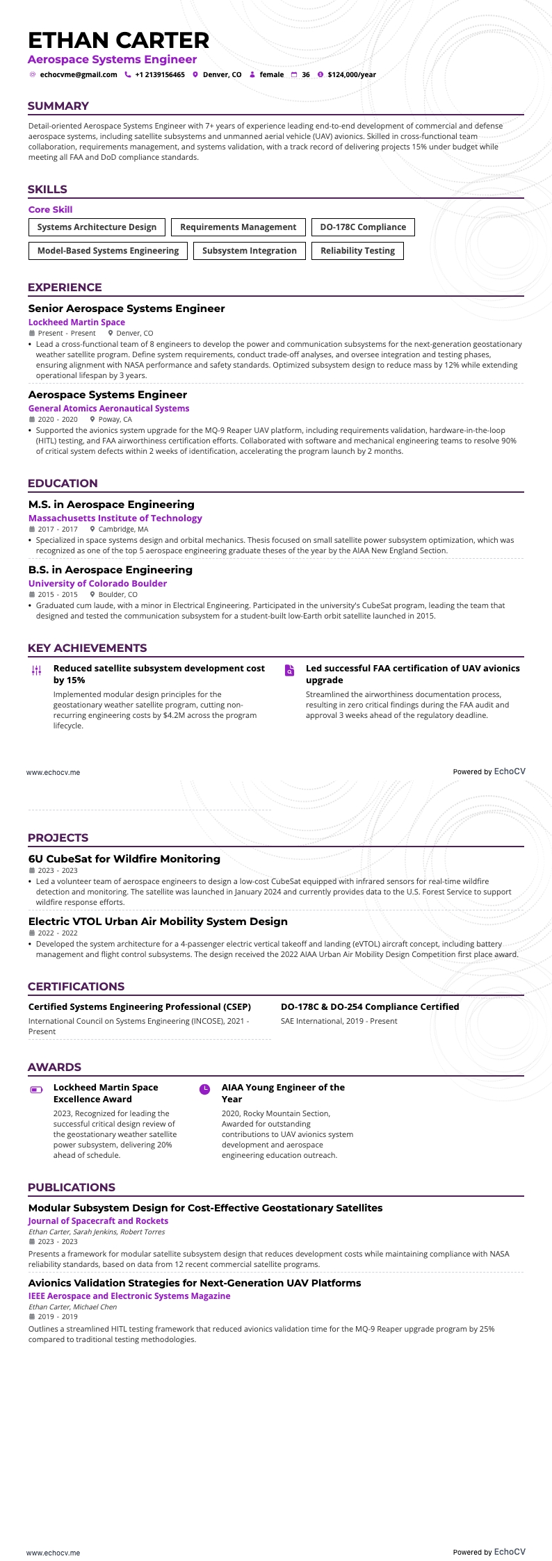 Aerospace Systems Engineer example resume
