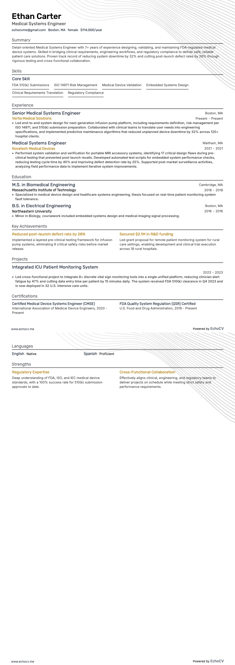 Medical Systems Engineer example resume