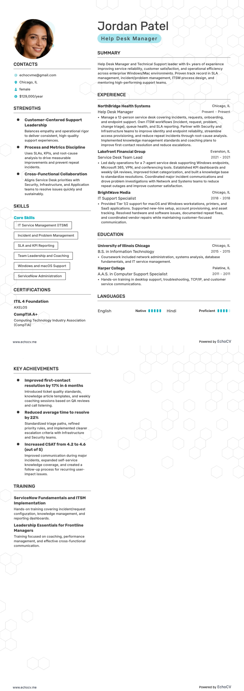 Help Desk Manager example resume