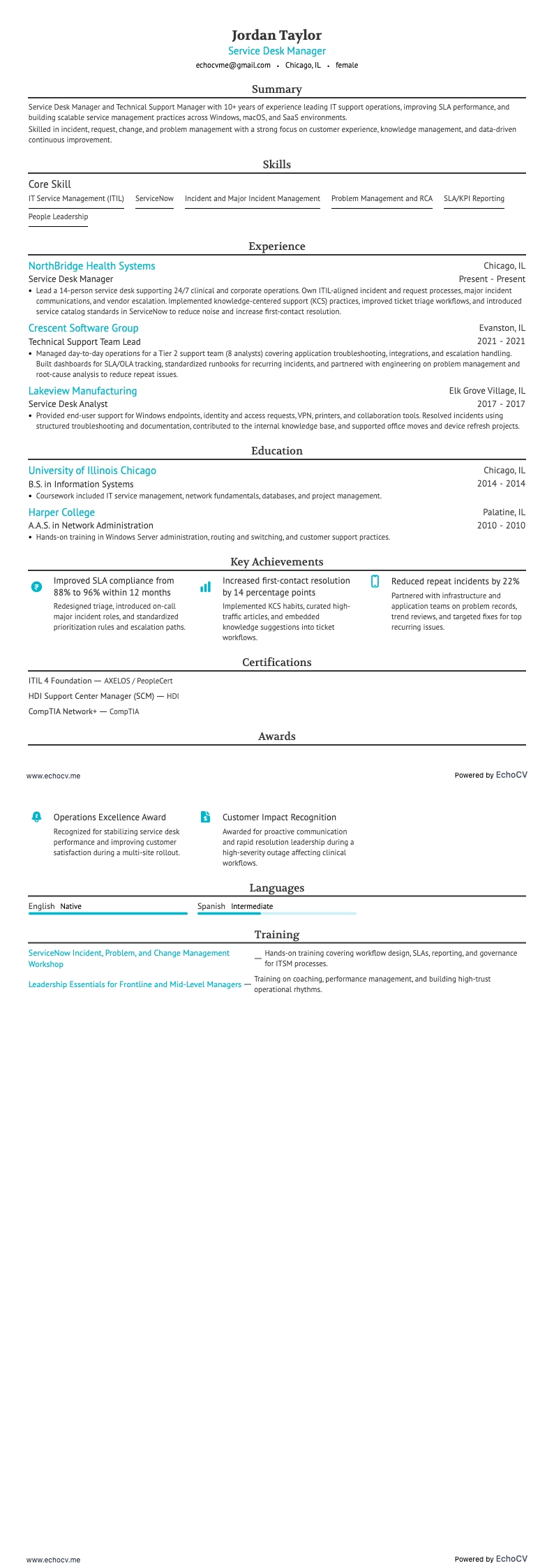 Service Desk Manager example resume