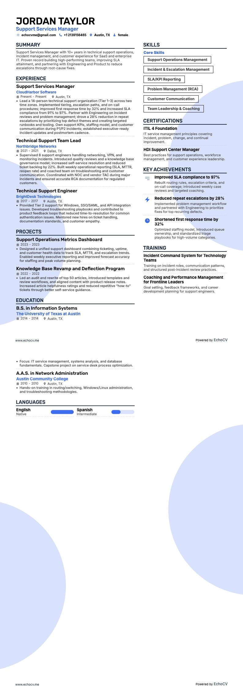 Support Services Manager example resume