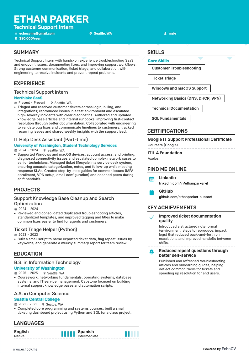 Technical Support Intern example resume