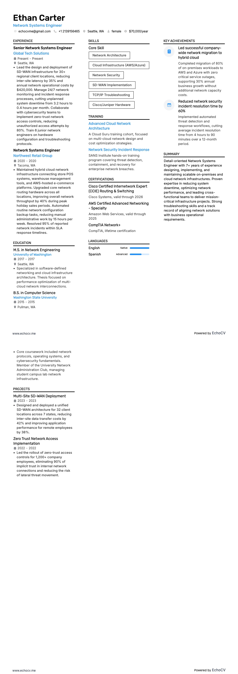 Network Systems Engineer example resume