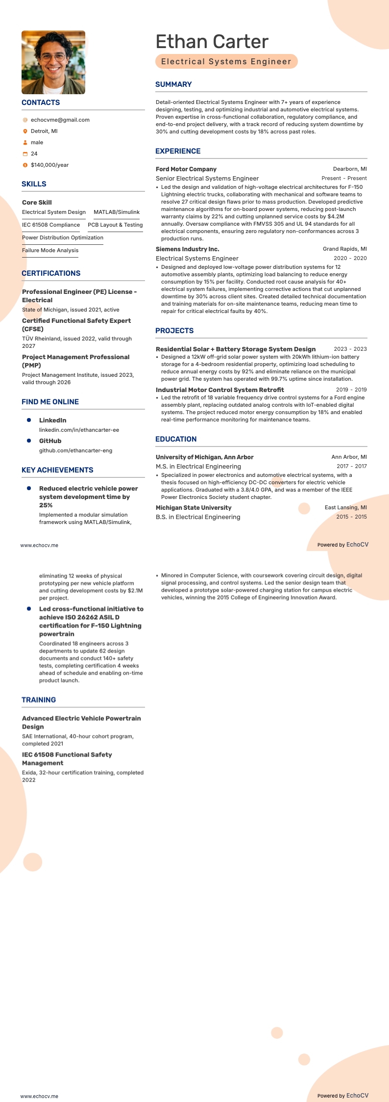 Electrical Systems Engineer example resume