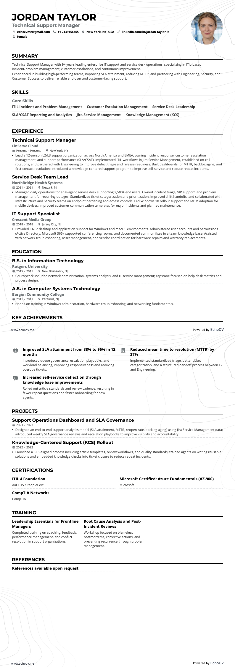 Technical Support Manager example resume