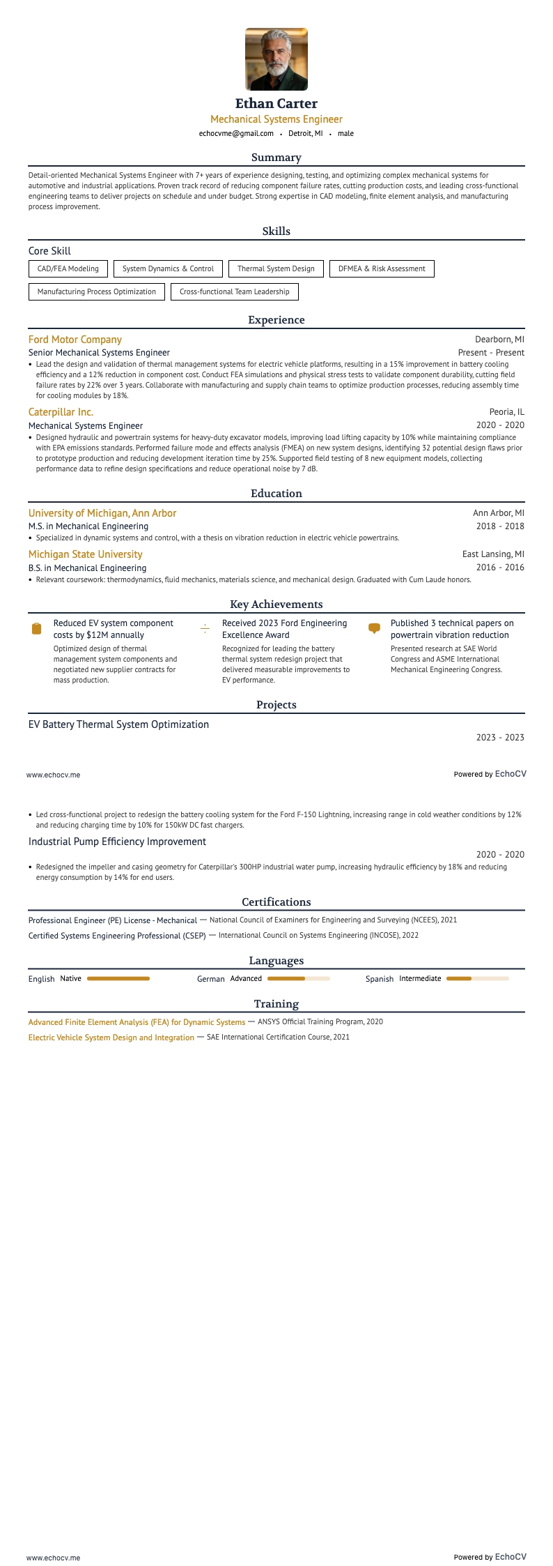 Mechanical Systems Engineer example resume