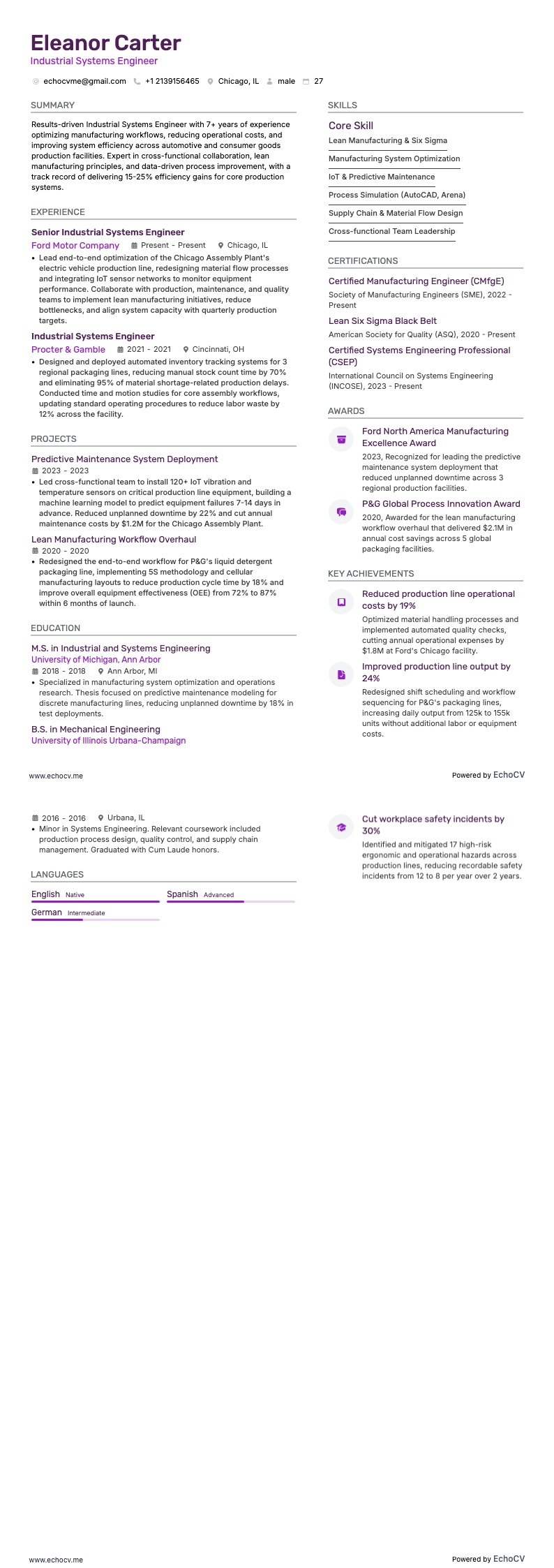 Industrial Systems Engineer example resume