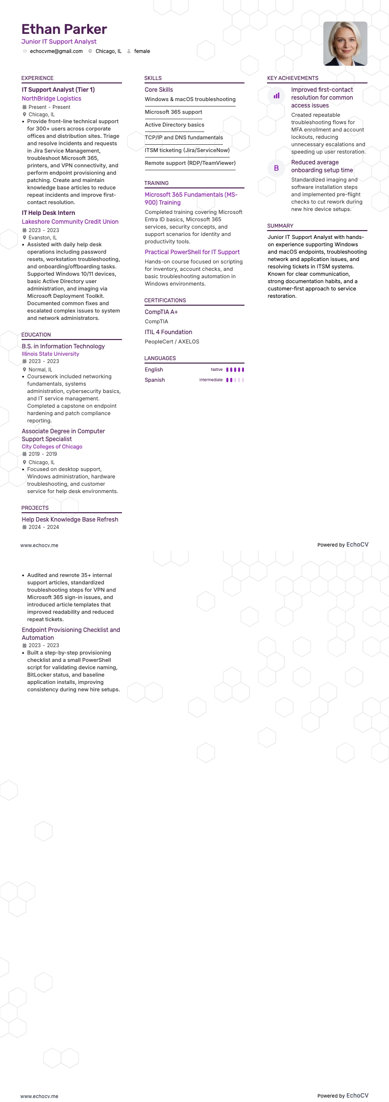 Junior IT Support Analyst example resume