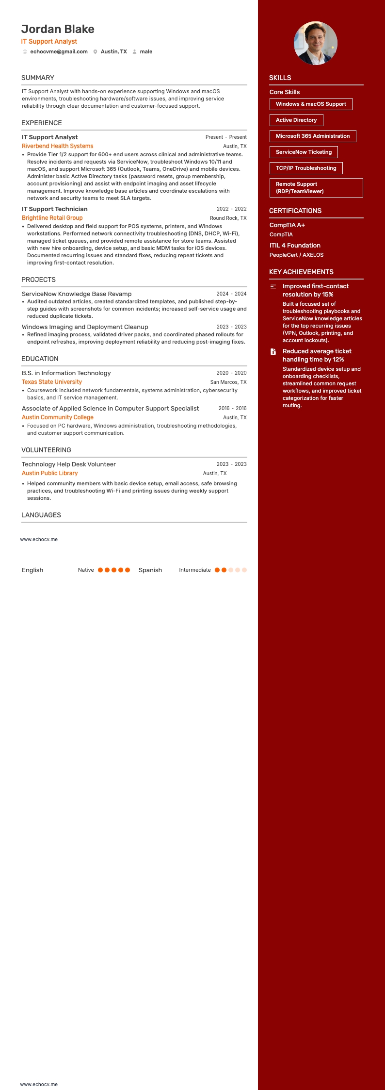 IT Support Analyst example resume