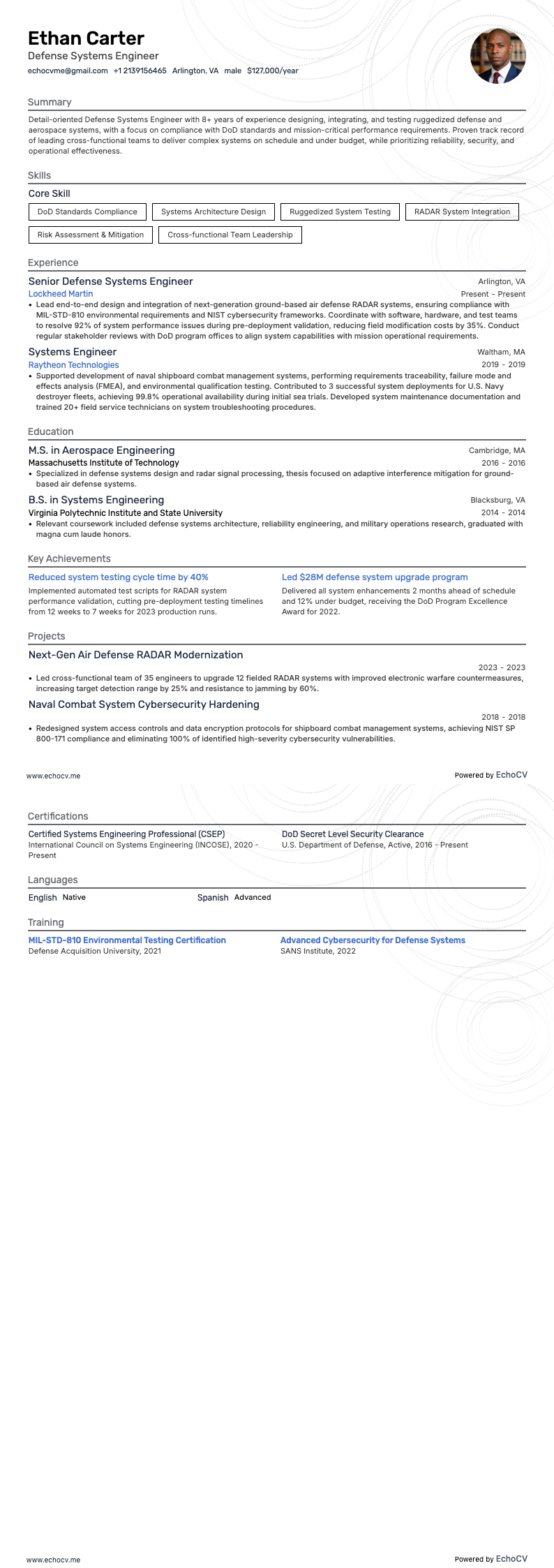 Defense Systems Engineer example resume