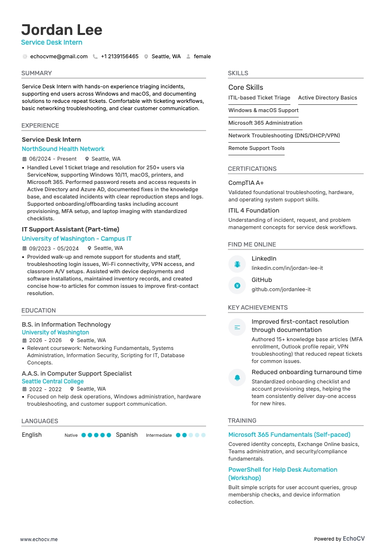 Service Desk Intern example resume