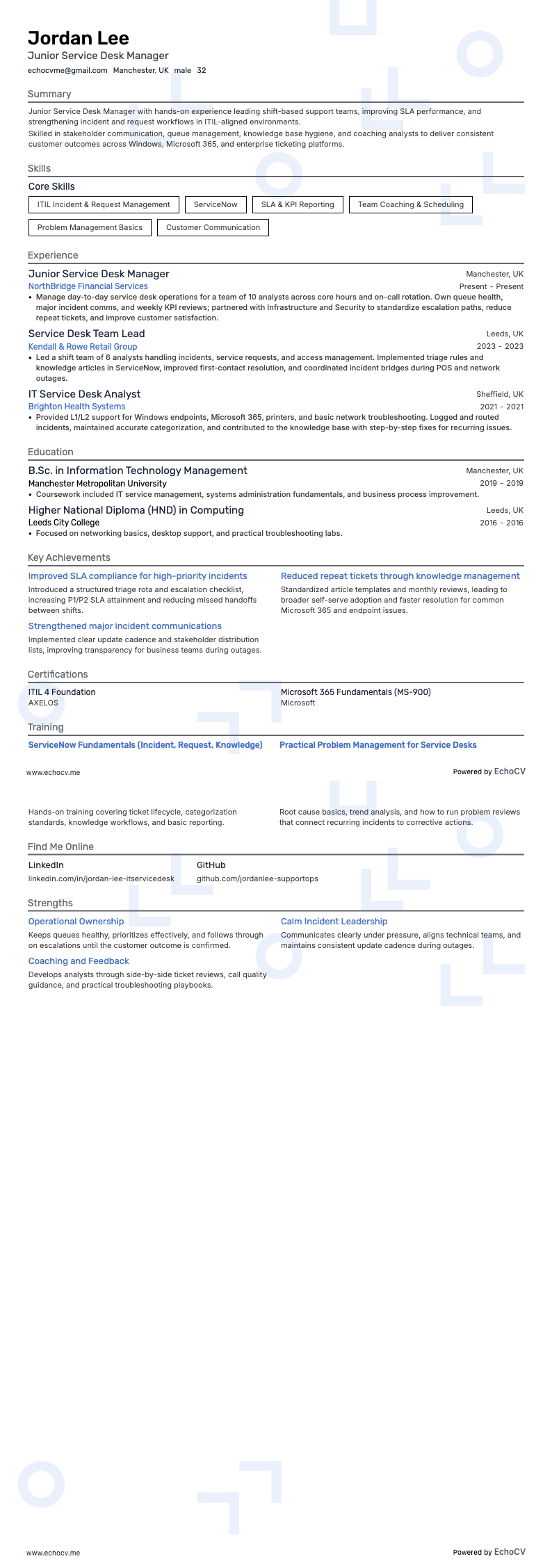 Junior Service Desk Manager example resume