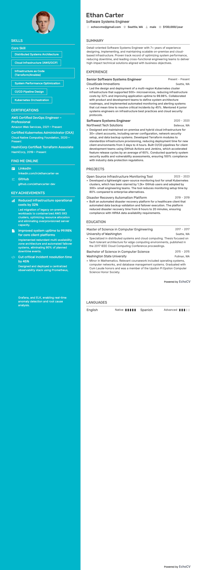 Kỹ sư hệ thống resume example