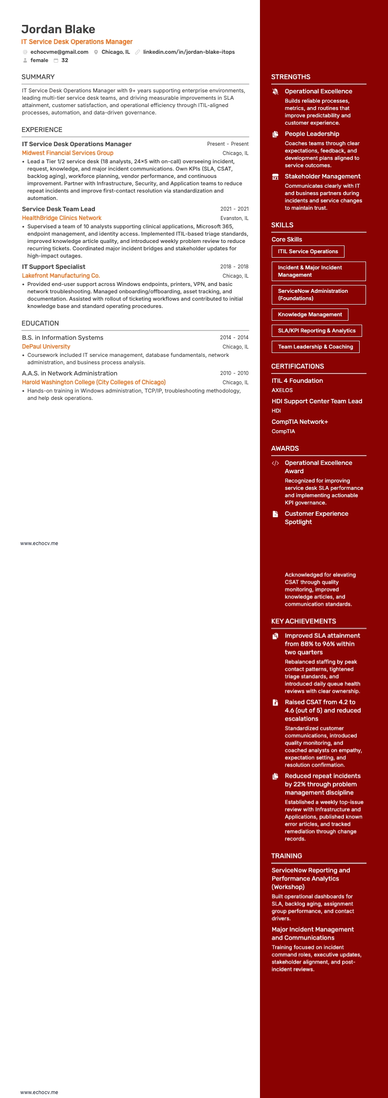 IT Service Desk Operations Manager full preview