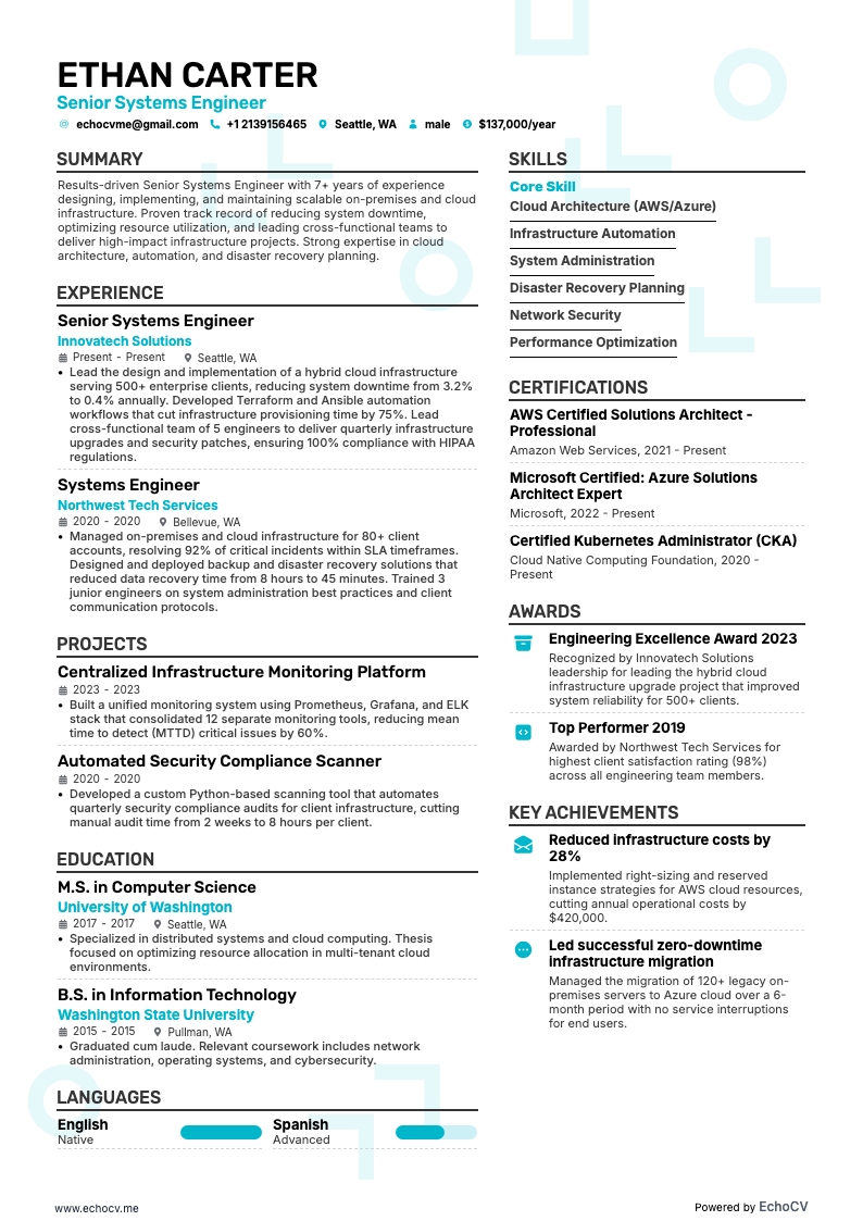 Senior Systems Engineer example resume