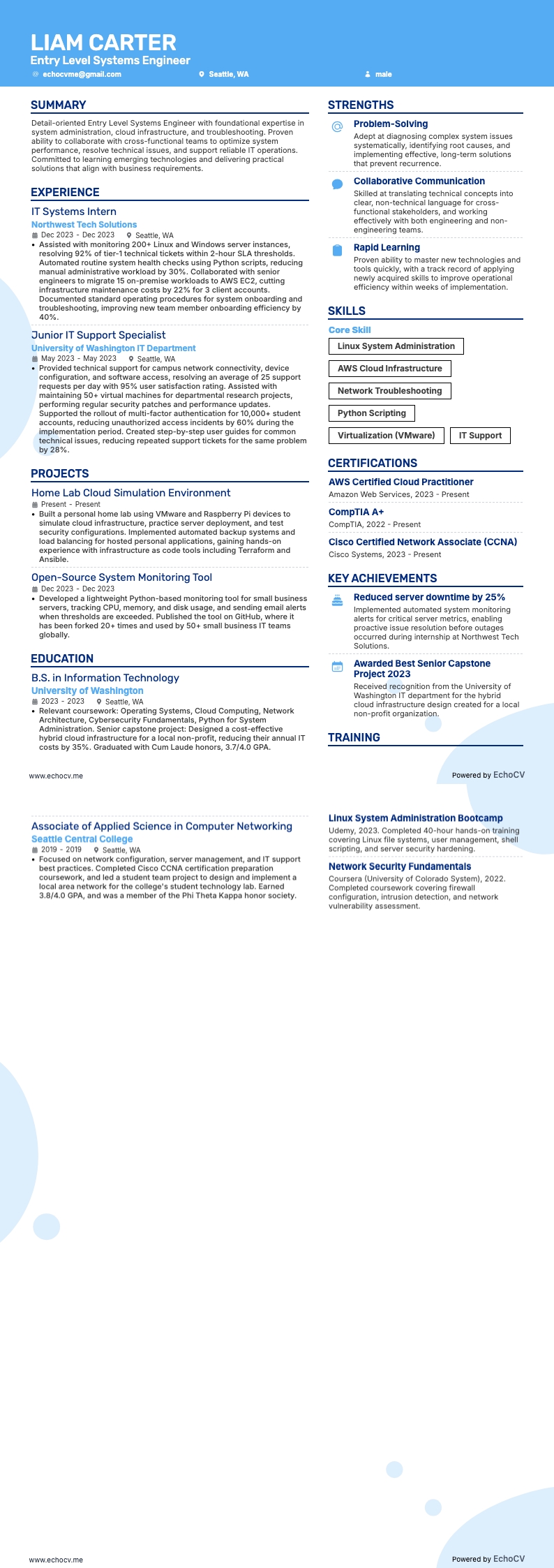 Entry Level Systems Engineer example resume