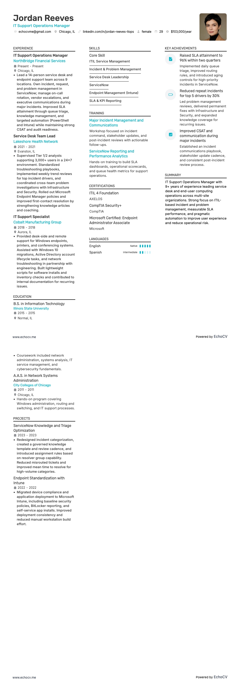 IT Support Operations Manager example resume