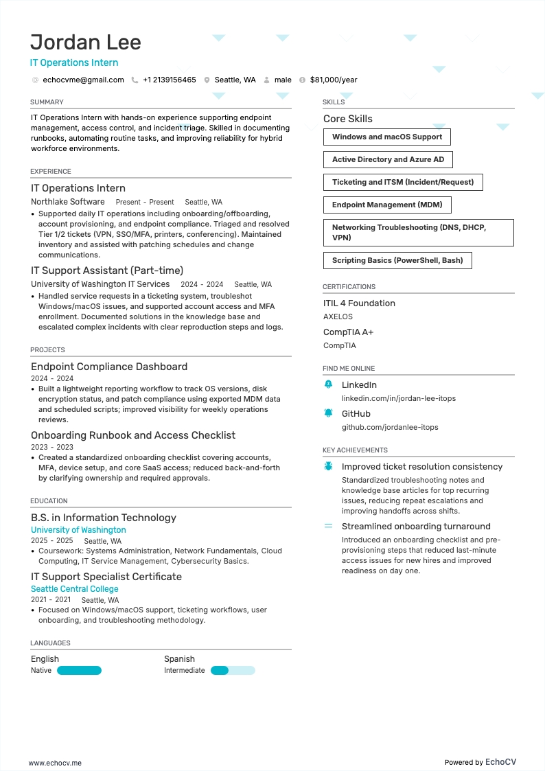 IT Operations Intern example resume